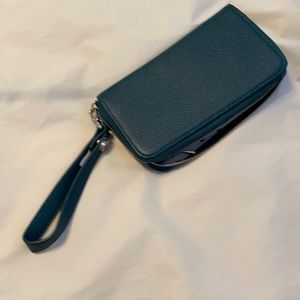 Dark teal wallet/wristlet.